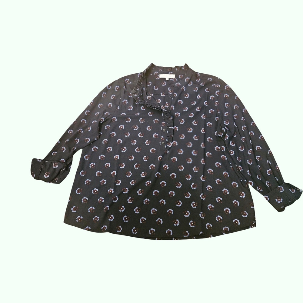 Lark & Ro Womens Floral Ruffle Collar Blouse Navy Blue Long Sleeve Top Size 16